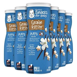 gerber snacks for baby grain & grow puffs, vanilla, puffed grain snack for crawlers, non-gmo baby snack, baby-led friendly, 1.48-ounce canister (pack of 6)
