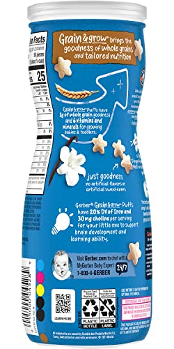 Gerber Snacks for Baby Grain & Grow Puffs, Vanilla, Puffed Grain Snack for Crawlers, Non-GMO Baby Snack, Baby-Led Friendly, 1.48-Ounce Canister (Pack of 6)