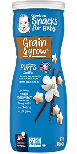 Gerber Snacks for Baby Grain & Grow Puffs, Vanilla, Puffed Grain Snack for Crawlers, Non-GMO Baby Snack, Baby-Led Friendly, 1.48-Ounce Canister (Pack of 6)