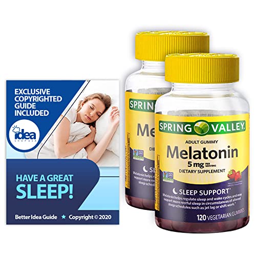 Melatonin Adult Gummies, Sleep Support by Spring Valley, 5 mg, 120 Ct (2 Pack) + “Have a Great Sleep - Better Idea Guide©”