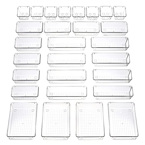 Byomostor 28PCS Clear Plastic Drawers Organizer in 4 Sizes, Ultimate Storage Bins for Bathroom, Vanity, Junk Drawer, Office - Store Makeup, Jewelries, Supplies, and Tools with Ease