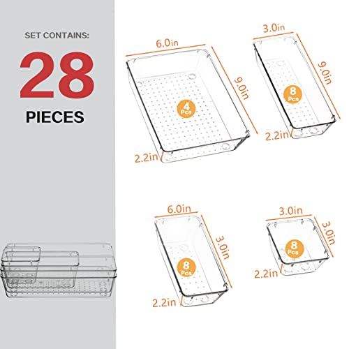 Byomostor 28PCS Clear Plastic Drawers Organizer in 4 Sizes, Ultimate Storage Bins for Bathroom, Vanity, Junk Drawer, Office - Store Makeup, Jewelries, Supplies, and Tools with Ease