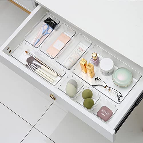 Byomostor 28PCS Clear Plastic Drawers Organizer in 4 Sizes, Ultimate Storage Bins for Bathroom, Vanity, Junk Drawer, Office - Store Makeup, Jewelries, Supplies, and Tools with Ease