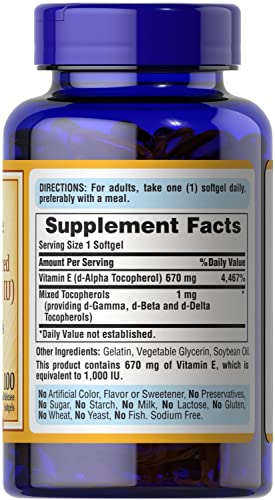 Puritans Pride Mixed Tocopherols Natural- Softgels, Vitamin E, 100 Count