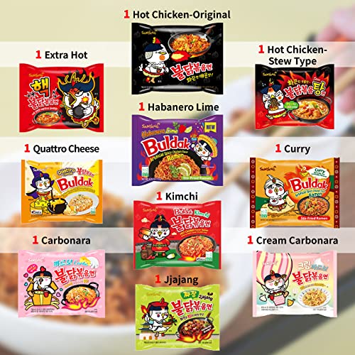 DYNAMART Samyang Buldak Chicken Stir Fried Ramen Korean Ramen (10 Flavor Combo, 10 Pack) 10 Different Flavor Spicy Chicken Noodle, Buldak Instant Noodle Variety Pack (Original, Extra Hot, Stew, Carbonara, Jjajang, Curry, Kimchi, Habanero, Cream Carbonara,