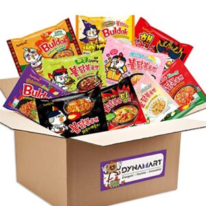 DYNAMART Samyang Buldak Chicken Stir Fried Ramen Korean Ramen (10 Flavor Combo, 10 Pack) 10 Different Flavor Spicy Chicken Noodle, Buldak Instant Noodle Variety Pack (Original, Extra Hot, Stew, Carbonara, Jjajang, Curry, Kimchi, Habanero, Cream Carbonara,