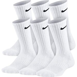 nike kids’ performance cushioned crew training socks (6 pair), girls & boys’ socks with cushioned comfort & dri-fit technology, white/black, m