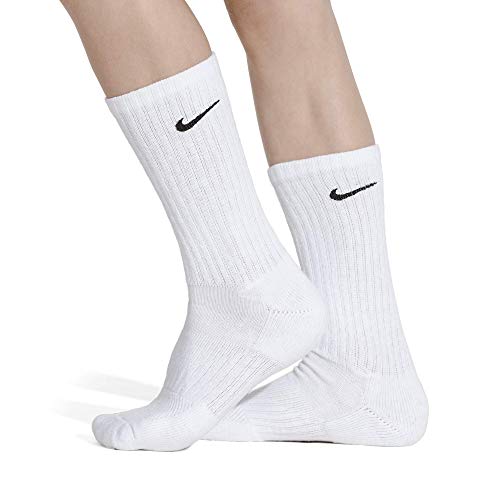 Nike Kids' Performance Cushioned Crew Training Socks (6 Pair), Girls & Boys' Socks with Cushioned Comfort & Dri-FIT Technology, White/Black, M