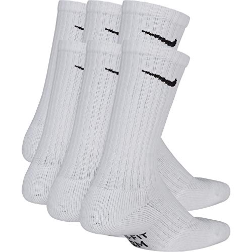 Nike Kids' Performance Cushioned Crew Training Socks (6 Pair), Girls & Boys' Socks with Cushioned Comfort & Dri-FIT Technology, White/Black, M