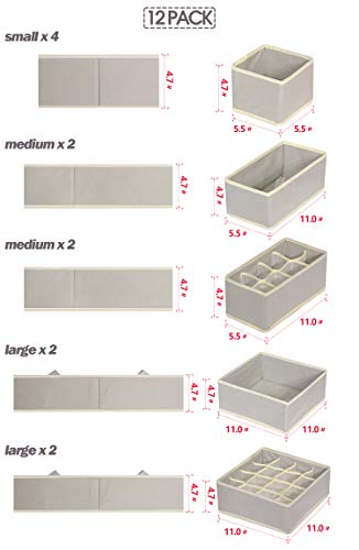 TENABORT 12 Pack Foldable Drawer Organizer Dividers Cloth Storage Box Closet Dresser Organizer Cube Fabric Containers Basket Bins for Underwear Bras Socks Panties Lingeries Nursery Baby Clothes Gray