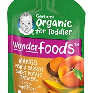 Gerber Organic for Toddler Wonder Foods Toddler Food Pouches, Mango Peach Carrot Sweet Potato Oatmeal, Organic & Non-GMO, 3.5 Ounce Pouches (Pack of 6)