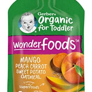 Gerber Organic for Toddler Wonder Foods Toddler Food Pouches, Mango Peach Carrot Sweet Potato Oatmeal, Organic & Non-GMO, 3.5 Ounce Pouches (Pack of 6)