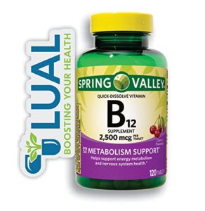 vitamin b12, supports energy metabolism. includes luall fridge magnetic + spring valley vitamin b12 quick-dissolve tablets dietary supplement (2,500 mcg, cherry flavor, 120 tablets)