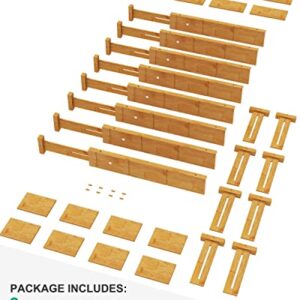 kiplant 8 Pack Bamboo Drawer Dividers with 8 Inserts, Kitchen Drawer Dividers from 16.5-22IN, Stackable Bamboo Drawer Organization for Kitchen & Dressers, 8 Dividers with 16 Inserts