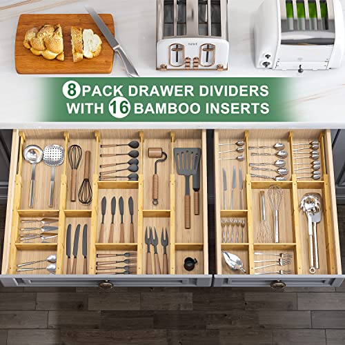 kiplant 8 Pack Bamboo Drawer Dividers with 8 Inserts, Kitchen Drawer Dividers from 16.5-22IN, Stackable Bamboo Drawer Organization for Kitchen & Dressers, 8 Dividers with 16 Inserts