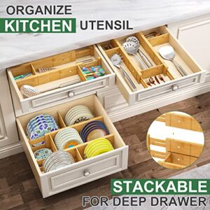 kiplant 8 Pack Bamboo Drawer Dividers with 8 Inserts, Kitchen Drawer Dividers from 16.5-22IN, Stackable Bamboo Drawer Organization for Kitchen & Dressers, 8 Dividers with 16 Inserts