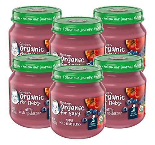 Gerber Purees Organic 2nd Foods Apple Wild Blueberry Baby Food Glass Jar (Pack of 6)