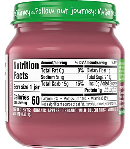 Gerber Purees Organic 2nd Foods Apple Wild Blueberry Baby Food Glass Jar (Pack of 6)