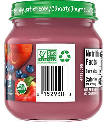 Gerber Purees Organic 2nd Foods Apple Wild Blueberry Baby Food Glass Jar (Pack of 6)