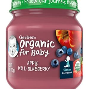 Gerber Purees Organic 2nd Foods Apple Wild Blueberry Baby Food Glass Jar (Pack of 6)