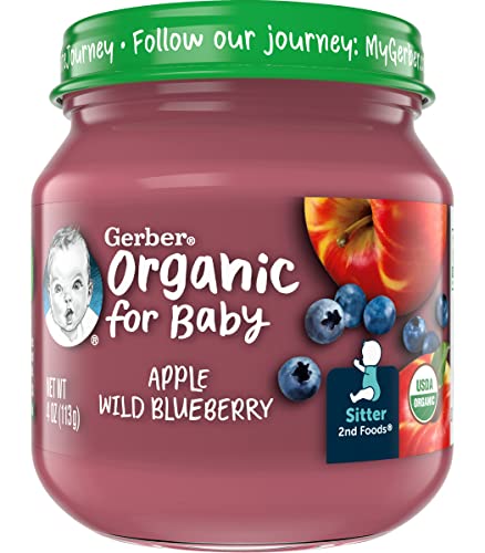 Gerber Purees Organic 2nd Foods Apple Wild Blueberry Baby Food Glass Jar (Pack of 6)