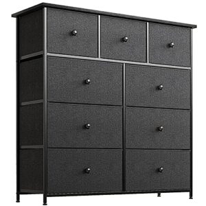 reahome 9 drawer dresser for bedroom chest of drawers closets large capacity organizer tower steel frame wooden top living room entryway office (black grey)