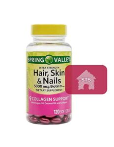 hair, skin & nails extra strength bundle. includes one bottle of spring valley hair, skin & nails extra strength – 5,000 mcg, 120 count and a sts fridge magnet!