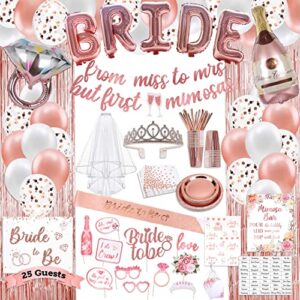 226 pc bachelorette party decorations kit- rose gold bridal shower decorations, banners, curtains mimosa bar supply bride balloons sash tiara veil topper plates cups napkins straws for 25 guest & more