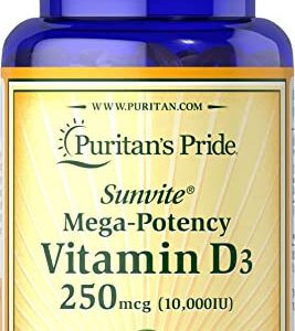 Puritans Pride Vitamin D3 10000 IU Bolsters Health Immune System Support and Healthy Bones & Teeth Softgels, Yellow, 100 Count
