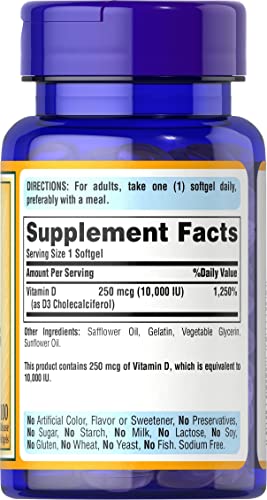 Puritans Pride Vitamin D3 10000 IU Bolsters Health Immune System Support and Healthy Bones & Teeth Softgels, Yellow, 100 Count