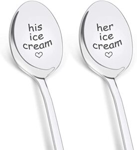 prstenly anniversary wedding gifts for him her, his and hers gifts engraved ice cream spoon, 2 pcs personalized spoon stainless steel birthday engagement couple gifts