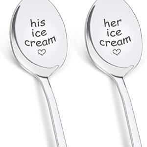 PRSTENLY Anniversary Wedding Gifts for Him Her, His and Hers Gifts Engraved Ice Cream Spoon, 2 Pcs Personalized Spoon Stainless Steel Birthday Engagement Couple Gifts