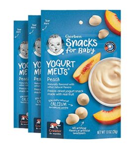gerber snacks for baby yogurt melts, peach, freeze-dried yogurt snack made with real yogurt & fruit, baby snack for crawlers, 1.0-ounce pouch (pack of 3)