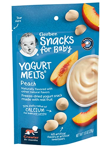 Gerber Snacks for Baby Yogurt Melts, Peach, Freeze-Dried Yogurt Snack Made with Real Yogurt & Fruit, Baby Snack for Crawlers, 1.0-Ounce Pouch (Pack of 3)