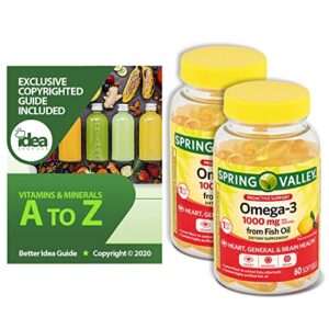 spring valley proactive support omega-3 from fish oil dietary supplement, 1000 mg, 60 ct (2 pack) bundle with exclusive “vitamins & minerals a to z” – better idea guide (3 items)