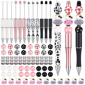 12 set plastic beadable pens assorted bead pens wood beads crystal spacer beads set round beads black ink ballpoint pen diy bead pen set for women kids gifts school office supplies (cow print)