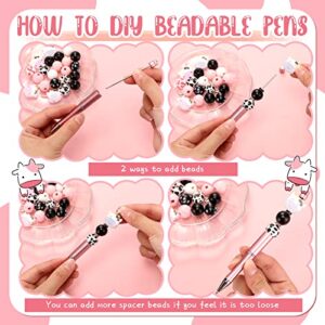 12 Set Plastic Beadable Pens Assorted Bead Pens Wood Beads Crystal Spacer Beads Set Round Beads Black Ink Ballpoint Pen DIY Bead Pen Set for Women Kids Gifts School Office Supplies (Cow Print)