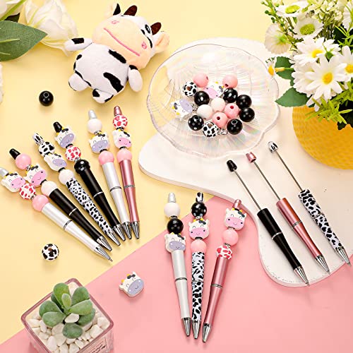 12 Set Plastic Beadable Pens Assorted Bead Pens Wood Beads Crystal Spacer Beads Set Round Beads Black Ink Ballpoint Pen DIY Bead Pen Set for Women Kids Gifts School Office Supplies (Cow Print)