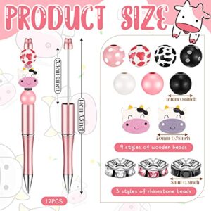 12 Set Plastic Beadable Pens Assorted Bead Pens Wood Beads Crystal Spacer Beads Set Round Beads Black Ink Ballpoint Pen DIY Bead Pen Set for Women Kids Gifts School Office Supplies (Cow Print)
