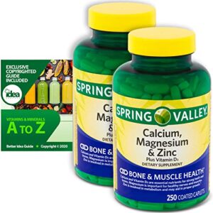 spring valley calcium, magnesium and zinc plus vitamin d3 coated caplets, 250 ct (2 pack) bundle with exclusive “vitamins & minerals a to z” – better idea guide (3 items)