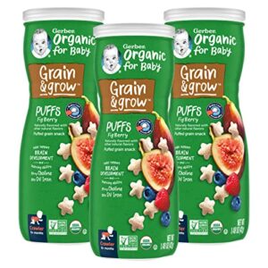 gerber organic for baby grain & grow puffs, fig berry, non-gmo & usda organic puffed grain snack for crawlers, baby-led friendly, 1.48-ounce canister (pack of 3)