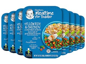 gerber mealtime for toddler yellow rice & chicken with vegetables in sauce & side of green beans & carrots, packed in seasoned water, 6.67 oz (pack of 8)
