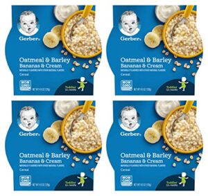 gerber breakfast buddies toddler cereal, oatmeal & barley bananas & cream cereal, non-gmo whole grain oats, yogurt & real fruit, for toddlers, 4.5 oz (pack of 4)