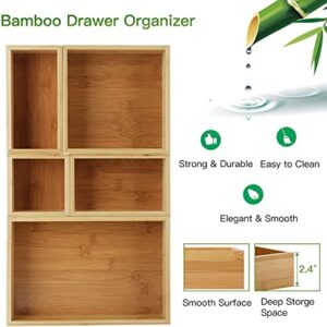 Pipishell 5-Piece Bamboo Drawer Organizer Set, Multi-use Storage Box Set, Varied Sizes Junk Drawer Organizer for Office, Home, Kitchen, Bedroom, Bathroom