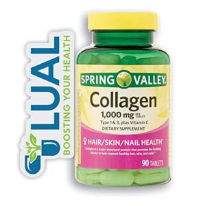 improve your skin elasticity and joint health with spring valley collagen type 1 & 3 + vitamin c dietary supplement – 1,000mg tablets, 90 count. includes luall fridge magnetic