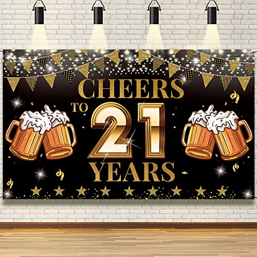 21st Birthday Decorations for Him Her, Cheers to 21 Years Birthday Backdrop Banner, Black Gold 21 Birthday Party Photo Props, 21 Birthday Yard Sign Poster Supplies for Outdoor Indoor, Fabric Vicycaty