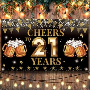 21st Birthday Decorations for Him Her, Cheers to 21 Years Birthday Backdrop Banner, Black Gold 21 Birthday Party Photo Props, 21 Birthday Yard Sign Poster Supplies for Outdoor Indoor, Fabric Vicycaty