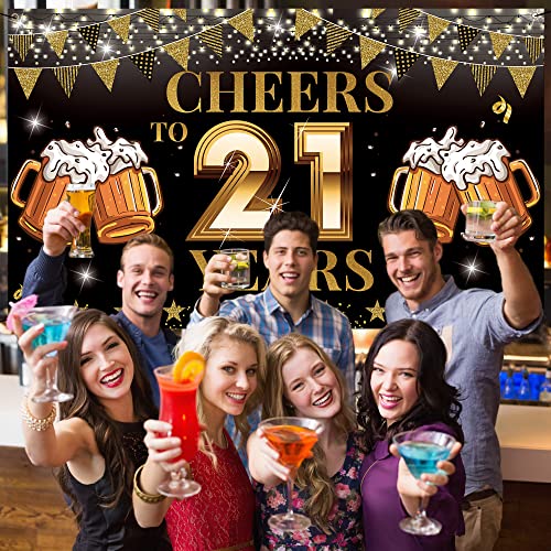 21st Birthday Decorations for Him Her, Cheers to 21 Years Birthday Backdrop Banner, Black Gold 21 Birthday Party Photo Props, 21 Birthday Yard Sign Poster Supplies for Outdoor Indoor, Fabric Vicycaty