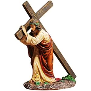 IIDACK Jesus Cross Figure Ornament,Hand-Painted Jesus Church Decorations,Jesus Carrying Cross Resin Figurine,Religious Statues Christian Gift Collection Crafts for Home Office Easter Decor