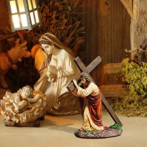 IIDACK Jesus Cross Figure Ornament,Hand-Painted Jesus Church Decorations,Jesus Carrying Cross Resin Figurine,Religious Statues Christian Gift Collection Crafts for Home Office Easter Decor